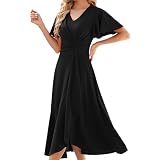 QMZ Wedding Guest Dresses for Women V Neck Cocktail Dress Ruffle Sleeve A Line Evening Party Formal Dresses for Women-Upgrade-Black-M