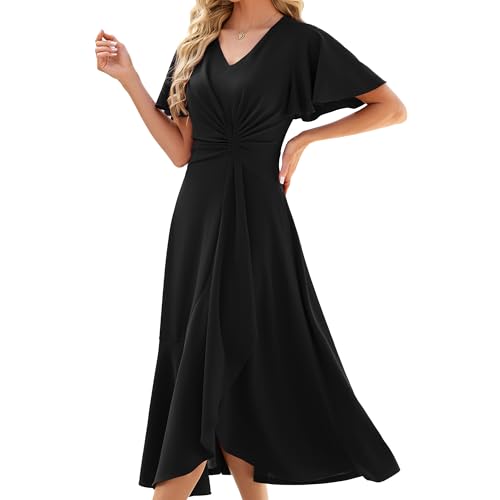 QMZ Women’s V-Neck A-Line Formal Dresses Elegant Wedding Guest Gowns Evening Party Cocktail Dresses-Upgrade-Black-XL
