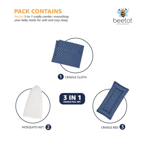 Image of Premium Swing Cradle Set | Hanging Swing Cradle, Removable 5-Layer Padded Bed & Mosquito Net | Up to 15 kg | Dark Navy Dot
