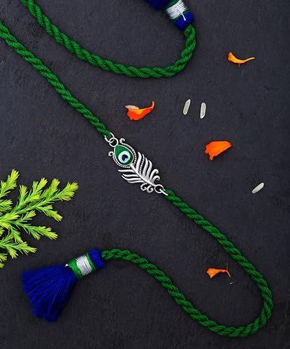 Meenakari 925 Sterling Silver Morpankh Peacock Feather Krishna Rakhi Bracelet Set with Roli Chawal and Rakshabandhan Greeting Card For Men | Ships to India also3