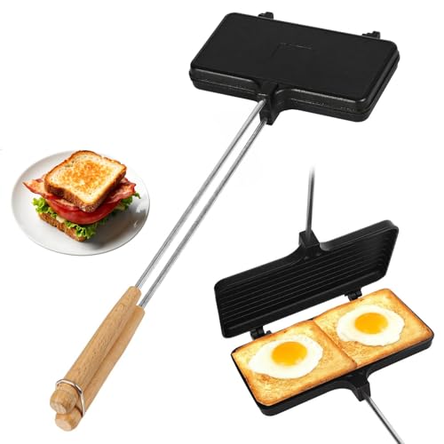 Double Pie Irons Sandwich Maker, Non-Stick Pie Irons for Camping with Removable Handles, Portable Mountain Pie Maker Cast Iron, Sandwich Press for Camping