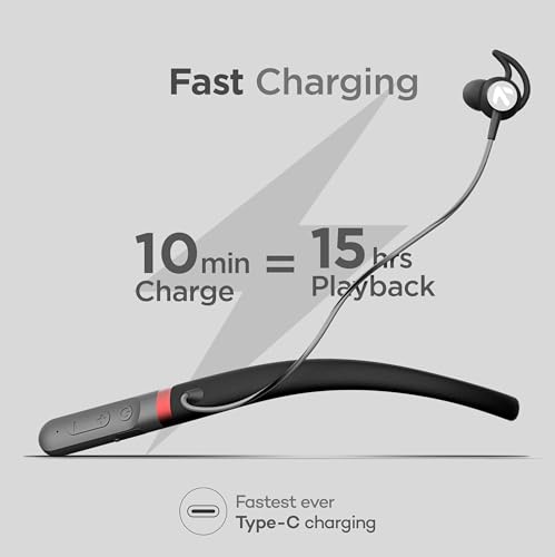 Image of GOBOULT FCharge Bluetooth Earphones with 40H Playtime, Zen ENC Mic, Dual Device Connectivity, Type C Fast Charging,14.2mm Bass Driver, Made in India, IPX5 (Pure Black)