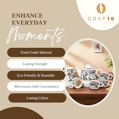 Image of CRAF10 Handcrafted Ceramic Stylo Black Teapot Cup Set - 1 Kettle (1 Litre) & 6 Cups (160 ML), Microwave & Dishwasher Safe | Morning Set | Tea Sets with Kettle for Gifting