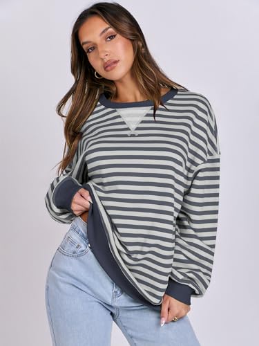 image for ANRABESS Women Striped Sweatshirts Oversized Crewneck Long Sleeve Shir