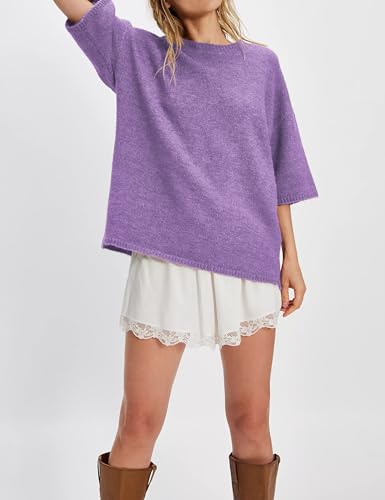 Yeokou Women Sweater Tee Casual Crewneck Short Sleeve Pullover Top Ribbed Knit Loose Shirt