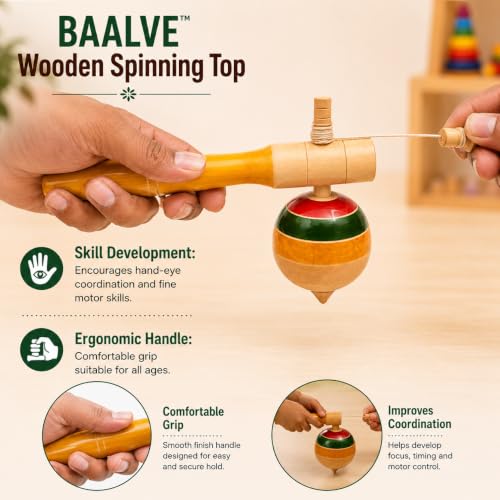 Image of Wooden Spinning Top - Spindle Top Toy with Handle & String - Traditional Design - Enhances Fine Motor Skills & Eco-Friendly, Ideal for 3+ Years Kids, Top Toy Spinning, Bongaram for Kids.