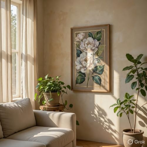 Image of SAF Elegant White Floral Wall Painting with Wooden Frame | Luxury Flower Artwork HD UV Laminated MDF Wall Decor | Botanical Flower Wall Art for Living Room Bedroom Office Decor 13.5 Inch x 19.5 Inch