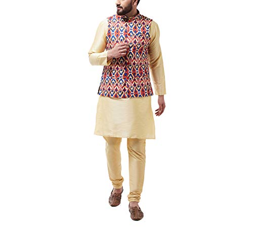 Image of SOJANYA (Since 1958 Men's Silk Blend Gold Kurta Pyjama & Printed Nehrujacket Combo