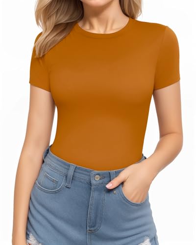 Image of MANGOPOP Women's Round Neck Short Sleeve Bodysuit T Shirts Basic Body Suit Tops