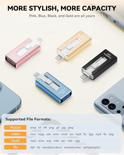 Image of MFi Certified Flash Drive for iPhone iPad 256GB, Photo Stick for External Memory Storage, Easily Back Up and Save Photos Videos, USB Memory Stick Thumb Drive for iPhone /iPad /Android /PC (Gold)