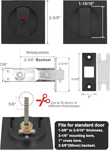 Image of goldenwarm Matte Black Pocket Door Locks for Bathroom with Indicators, Square Pocket Door Hardware for Pocket Door, Gold Sliding Pocket Door Handles 2-3 /8 inch Latch 1 Pack