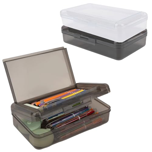 Image of Pencil Case Box, 2 PCS Clear Black Double Layer Large Capacity Plastic Pencil Boxs, Clear Hard Pen Case with Snap-tight Lid,Storage Art Craft Box Marker Organizer for Boy Girl Offices School Supplies