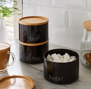 Bloomingtons Direct Stackable Kitchen Storage Canisters, Black 3pk Tea, Coffee, Sugar Metal Stacking Canisters Tins, Matte Finish and Wooden Airtight Lids Storage Jars