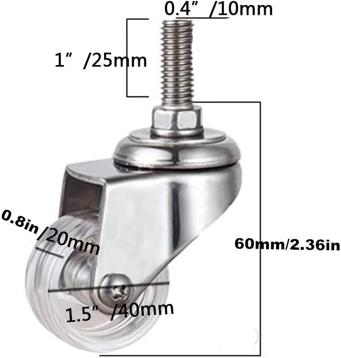 Möbelrolle, Schwerlastrolle, 4er-Pack Lenkrollen mit Metallschaft, Schwerlastrollen, Halterung aus Edelstahl 304, Gewindeschaft M10, Tragkraft 231 lb(Universal+Brake,1.5in)