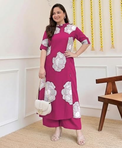 Image of ANNI Designer Women Viscose Blend Straight Fit Printed Kurta Palazzo Set | Mandarin Neck Outfit | Lightweight Breathable Fabric | Comfortable Elegant Styling for Office Casual Wear