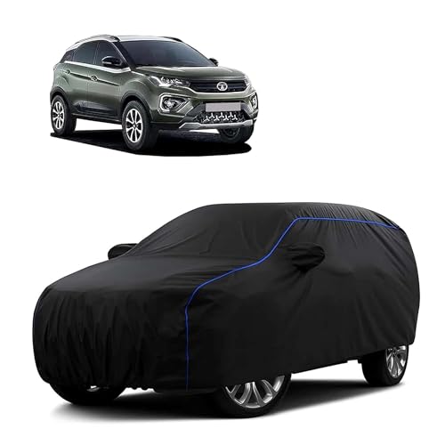 Image of Sulfar 100% Water Resistant Car Body Cover Compatible with Mirror for Tata Nexon (Triple Stitched, Full Bottom Elastic, Black Tafetta with Blue Piping)