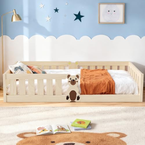 Krovtoy Montessori Kids Floor Bed 90x200cm Solid Pine Toddler Bed with Guardrails
