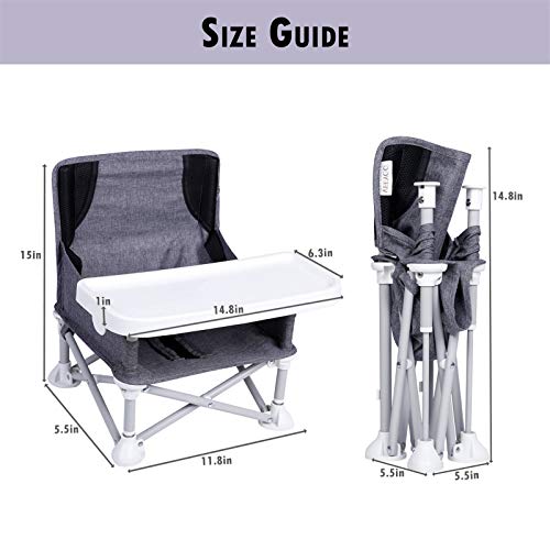 VEEYOO Travel Booster Seat with Removable Tray for Toddler- Medium Size Folding Portable High Chair for Dining, Lawn, Camping, Beach, Space Saver Compact Baby Chair with Storage Bag (Grey) - Thumbnail 6