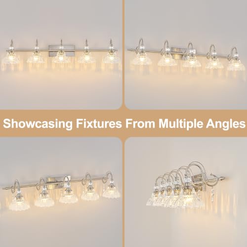 Image of Brushed Nickel Bathroom Vanity Light, 5-Light Nickel Finish Wall Sconce with Hanging Crystal Accents and Flower-Shaped Clear Glass Shades, Modern Wall Mount Vanity Light Over Mirror for Bathroom