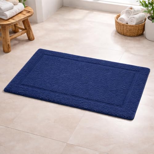 Image of Premium Combed Cotton Tufted Bathmat 50 x 80 cm, 1800 GSM Soft Absorbent Anti Skid Bathroom Floor Mat with Latex Backing, Quick Dry Non Slip Bath Rug for Shower Daily Use, Race Track Navy