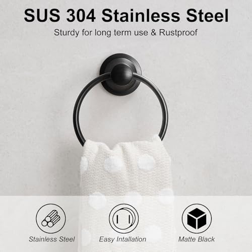 BESy Matte Black Bathroom Hand Towel Ring Towel Holder, Rustproof Wall Mounted Bathroom Hardware Accessory SUS 304 Stainless Steel Towel Rack by BESy - Image 2