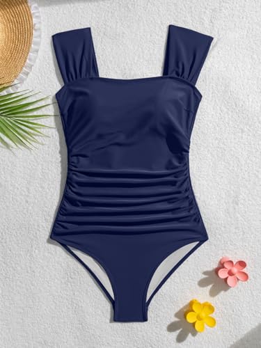 Image of B2prity Womens One Piece Swimsuit Retro Square Neck Tummy Control Bathing Suits Ruched Modest Full Coverage Swimwear