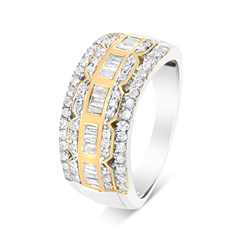 Haus of Brilliance 10K White and Yellow Gold 1.00 Cttw Baguette and Round cut Diamond Art Deco Multi-Row Ring Band (I-J Color, I1-I2 Clarity) - Ring Size 8