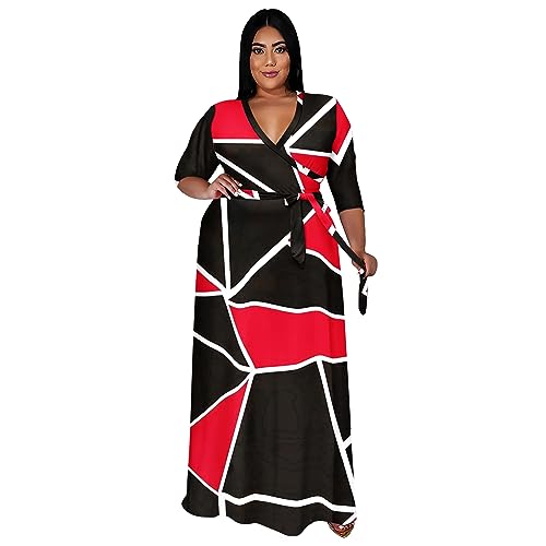Image of Runwind Plus Size Dresses for Women Floral Maxi Dress Flowy 3 /4 Sleeve with Belt