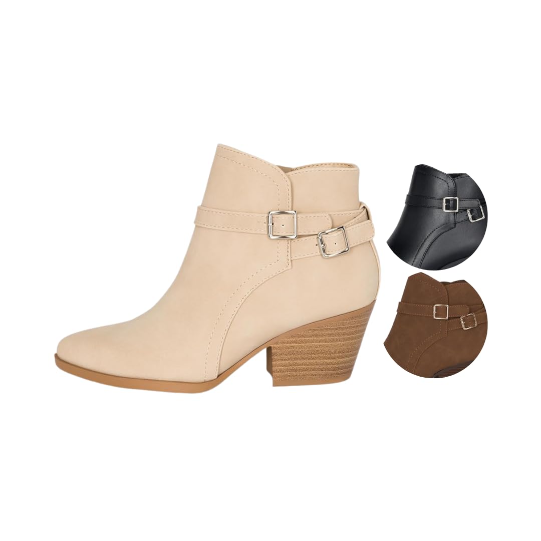 Chariot & Co : Mesa - Womens Western Stitch Pointy Toe Double Buckle Wood Stacked Heel Ankle Boots