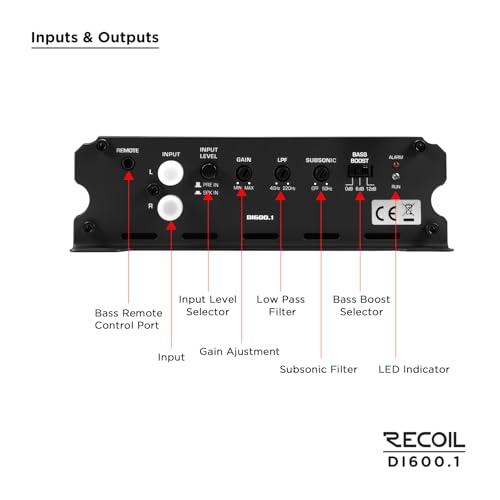 Image of Recoil DI600.1 Class-D Car Audio Mono-Block Subwoofer Amplifier, 1200 Watts Max Power, 2 /4 Ohm Stable, Mosfet Power Supply, Remote Bass Knob