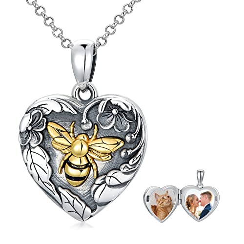 Proess Sterling Silver Bee Locket Necklace For Women Girls That Hold 2 Pictures With Oxidized Flower Heart Locket Birthday Graduation Jewelry Gift #TOP20