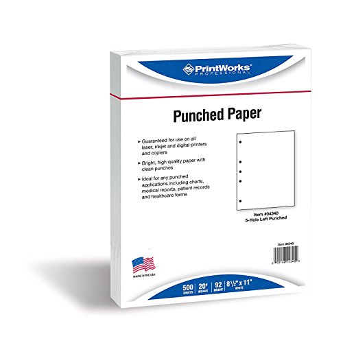 PrintWorks Professional Pre Punched Paper, 5 Hole Punch Left For 2 Ring & 3 Ring Binders & Side Fastener File Folders, 8.5 x 11, 20 lb, 500 Sheets (04340), White, 5-Hole Left Punched