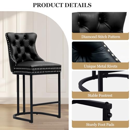 Image of UVV Counter Height Bar Stools Set of 2, 26 inch Modern Barstools with Back, Faux Leather Upholstery Counter Chairs with Metal Legs for Kitchen Island, Bar, Counter, Black