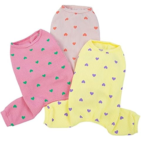 Lelepet 3 Pack Dog Pajamas Dog Pjs Cat Dog Clothes Cute Dog Bodysuit with Heart-Shaped Pattern Dog Apparel Outfit Pajamas for Small Medium Dogs Girls & Boys Soft Cotton Pet Jumpsuit Cozy Puppy Shirt Cover