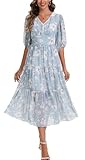 Kormei Women's V Neck 3/4 Sleeve Boho Long Flowy Dress Wedding Guest Engagement Party Casual Chiffon Dresses L Light Blue Floral