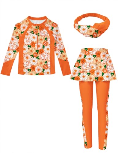 Image of Girls Long Sleeve Rashguard Half Zip Swimsuits UPF 50+ Two Piece Swim Sets with Hairband 5-12Y | Two Piece Swim Sets with Hairband