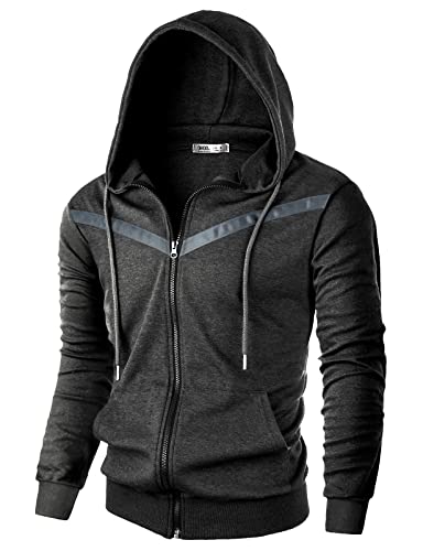 Ohoo Mens Slim Fit Long Sleeve Lightweight V-Shape Zip-up Hoodie