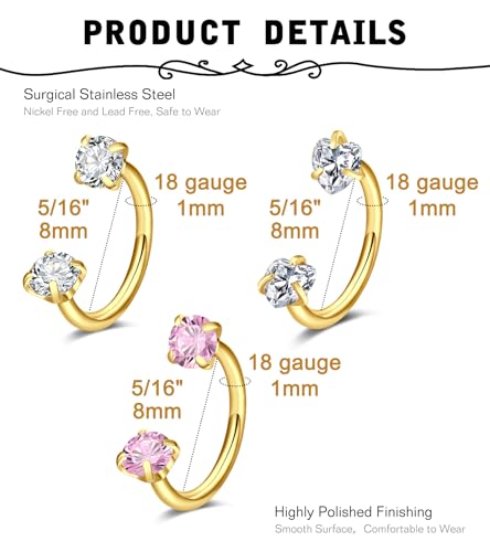 MODRSA Horseshoe Nose Ring 18g Silver Gold Nose Hoops for Women Half Hoop Earring Hoops Horse Shoe Daith Tragus Earring Hoop Helix Piercing Jewelry Double Gem Horseshoe Septum Ring 18gauge 8mm2