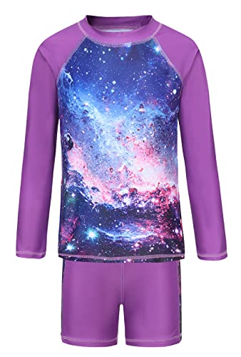 Girls Two Piece Rash Guard Swimsuits Set with Swim Trunk Kids Long Sleeve Bathing Suit Swimwear Set