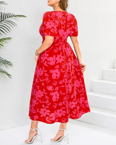 Image of Pinup Fashion Plus Size Wedding Guest Chiffon Semi Formal Maxi Dress | Chiffon, V-neckline, short sleeves, shirred waist, textured floral pattern, maxi length, versatile for all seasons