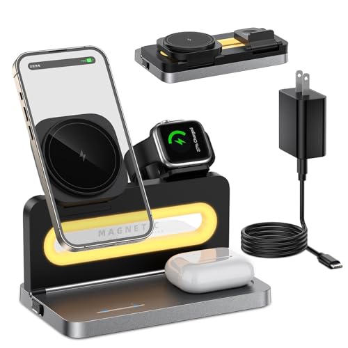 4 in 1 Wireless Charging Station for Apple MagSafe,Magnetic Foldable Wireless Charger Stand for iPhone 16 15 14 13 12,Watch, AirPods – 15W Fast Nightstand Charging Dock with Light for Multiple Devices