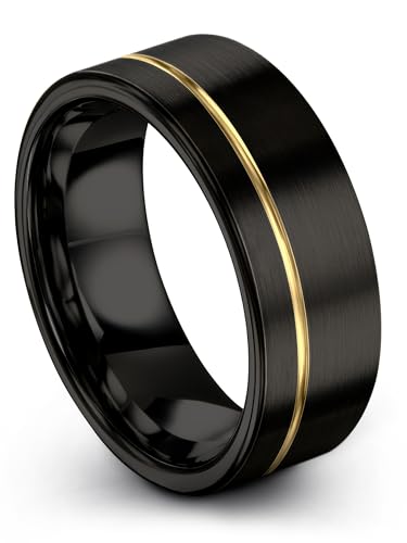 Tungsten Wedding Band Ring 8mm 6mm 4mm for Men Women 18k Yellow Gold Plated Flat Cut Black Grey Brushed Polished