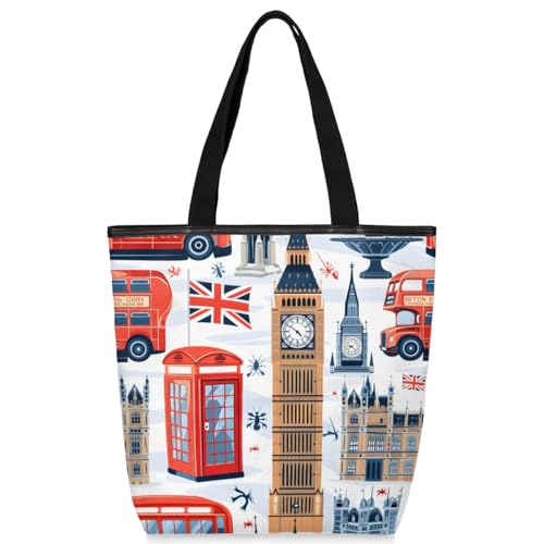 Mularoka Telephone Booth Bus Clock Tower Canvas Tote Bag with Zipper and Pockets Canvas Tote Shopping Bag Women Reusable Grocery Bag for Beach Travel Gym Shopping