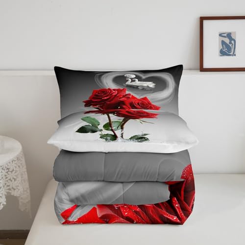 Image of Feelyou Red Rose Bedding Set Swans Couple Comforter Romantic Rose Floral Comforter Set for Men Women Lover Valentine's Day Down Alternative Comforter for All Season Ultra Soft Room Decor Full Size