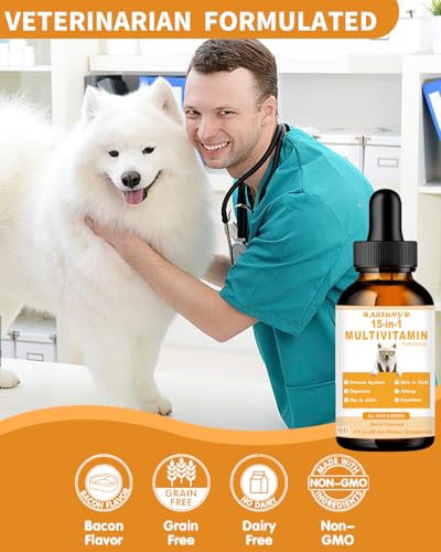 15 in 1 Multivitamin für Hunde - 60ML Nahrungsergänzungen Vitamine für Hunde Unterstützung für Gelenke, Immunsystem, Haut, Fell & Magen-Darm - Reich an Vitaminen, Glucosamin, MSM, Biotin, Cranberry