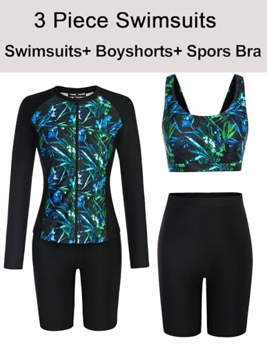 Image of JACK SMITH Women's 3 Piece Long Sleeve Rash Guard Swimsuits Zip Front Bathing Suit Tankini Swimsuits UPF 50