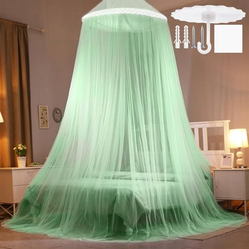 CINGHIA Zanzariera Letto, Zanzariera a Cupola, Verde Chiaro, Matrimoniale Singolo, Senza Porta, Baldacchino, Adatto Uso Interno ed Esterno
