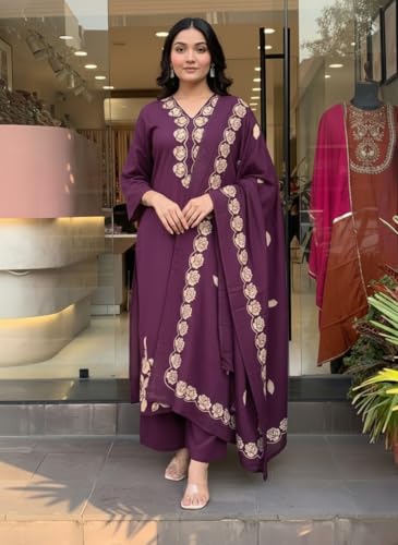 Image of ANNI Designer Women Embroidered Straight Kurta Palazzo Dupatta Set Rayon Viscose Kurti Pant Set Ladies Ethnic Wear for Office Festive Daily Use