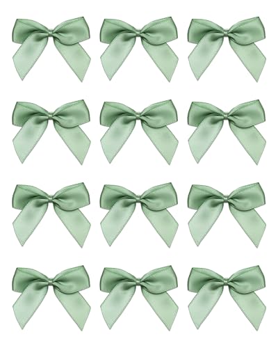 Italian Options Small Satin Ribbon Bows, Self Adhesive Bow Decorations for Crafts, Gift Wrap, Hampers, Hair Bows, Wedding Stationery, Floristry, Christmas, Cakes, Crafting, Sage Green, 12 Pack, 5 cm