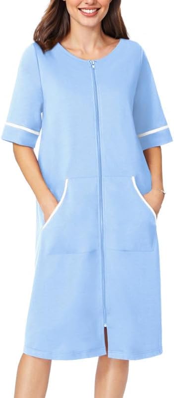 Ekouaer Women Zipper Robe Short Sleeve Duster Housecoat Short Bathrobes Zip Front Nightgown with Pockets S-3XL